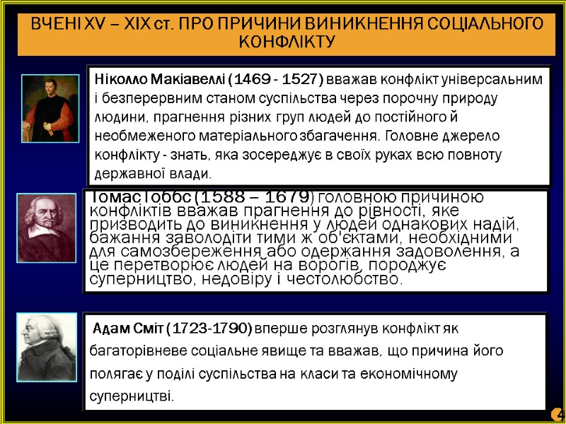 ВЧЕНІ XV – XIX ст. ПРО ПРИЧИНИ ВИНИКНЕННЯ СОЦІАЛЬНОГО КОНФЛІКТУ Томас Гоббс (1588 –
